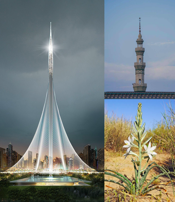 Dubai Creek Tower, lirios del desierto y minaretes islámicos