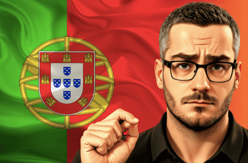 Joven mirando a cámara y texto que dice: o% impuestos jóvenes Portugal